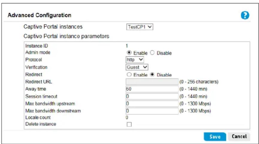 Advanced Configuration Captive Portal instances TestCP1 Captive Portal instance parameters Instance ID 1 Admin mode Enable Disable Protocol http Verification Guest Redirect Enable Disable Redirect URL (0 - 256 characters) Away time 60 (0 - 1440 min) Session timeout 0 (0 - 1440 min) Max bandwidth ups…
