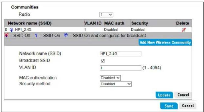 Communities Radio 1 Network name (SSID) VLAN ID MAC auth Security Delete 0 HP1_2.4G 1 Disabled Disabled = SSID Off = SSID On = SSID On and configured for broadcast Add New Wireless Community Network name (SSID) HP1_2.4G Broadcast SSID ✓ VLAN ID 1 (1 - 4094) MAC authentication Disabled Security metho…