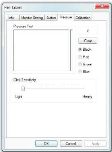Pen Tablet Info Monitor Setting Button Pressure Calibration Pressure Test 0 Clear ● Black ○ Red ○ Green ○ Blue Click Sensitivity Light Heavy OK Cancel Apply