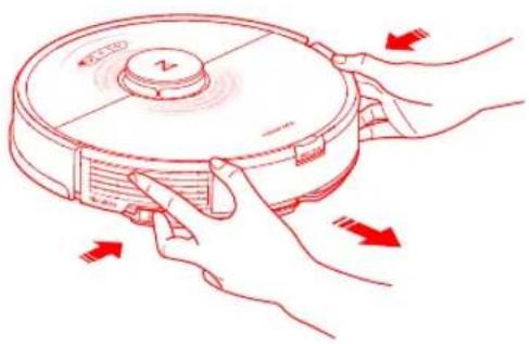 Line drawing of hands holding a circular device with arrows indicating rotation or movement.