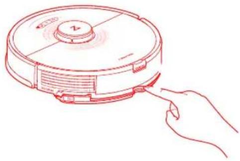 Line drawing of a robotic vacuum cleaner with a hand pointing to the lid.