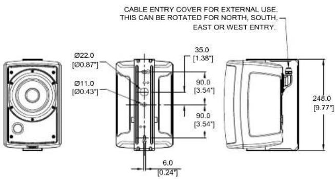 CABLE ENTRY COVER FOR EXTERNAL USE. THIS CAN BE ROTATED FOR NORTH, SOUTH, EAST OR WEST ENTRY. Ø22.0 [Ø0.87°] Ø11.0 [Ø0.43°] 35.0 [1.38°] 90.0 [3.54°] 90.0 [3.54°] 6.0 [0.24°] 248.0 [9.77°]
