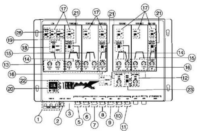 Technical diagram of an electrical control module with numbered components and labeled wiring connections