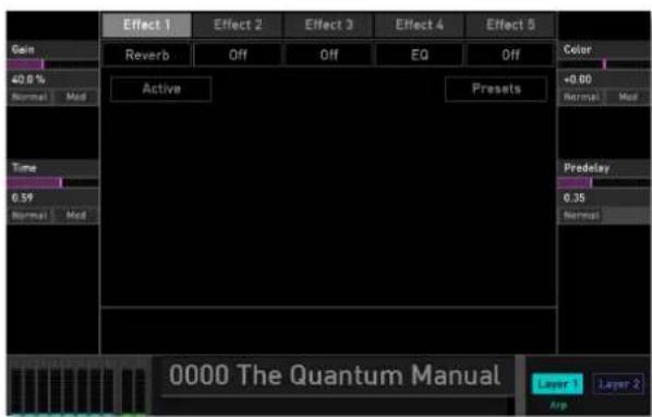 Effect 1 Effect 2 Effect 3 Effect 4 Effect 5 Gain 40.9% Normal Mod Reverb Off Off EQ Off Active Presets Color +0.00 Normal Mod Time 0.59 Normal Mod Predelay 0.35 Normal 0000 The Quantum Manual Layer 1 Layer 2 Amp