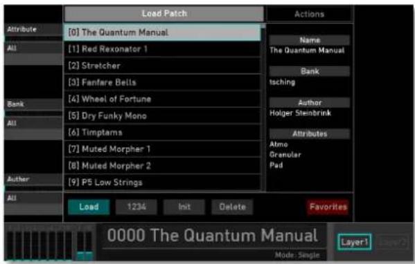 Load Patch Actions Attribute [0] The Quantum Manual All [1] Red Rexonator 1 [2] Stretcher Bank [3] Fanfare Bells [4] Wheel of Fortune [5] Dry Funky Mono All [6] Timptams Author [7] Muted Morpher 1 [8] Muted Morpher 2 All [9] PS Low Strings Load 1234 Init Delete Favorites 0000 The Quantum Manual Layer1 Layer2 Mode: Single
