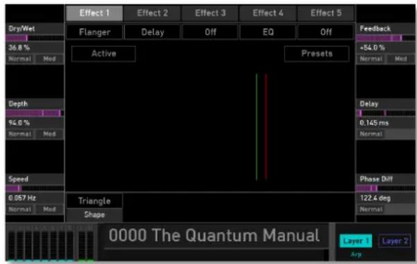 Effect 1 Effect 2 Effect 3 Effect 4 Effect 5 Dry/Wet 36.8 % Normal Mod Active Presets Feedback +54.0 % Normal Mod Depth 96.0 % Normal Mod Delay 0.145 ms Normal Speed 0.057 Hz Normal Mod Triangle Shape Phase Diff 122.4 deg Normal 0000 The Quantum Manual Layer 1 Layer 2 Arp