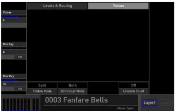 Levels & Routing Voices 5 Min Key 0 Set Max Key 35 Set Split Both Off Timbre Mode Controller Mode Unisono Count 0003 Fanfare Bells Layer1 Layer2 Mode: Split
