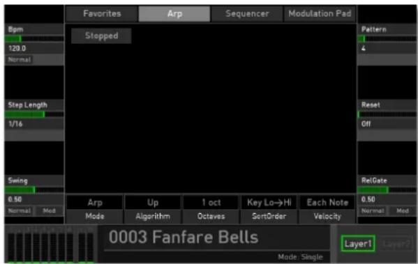 Favorites Arp Sequencer Modulation Pad Bpm 129.0 Normal Stopped Pattern 4 Step Length 1/16 Reset Off Swing 0.50 Arp Up 1 oct Key Lo→Hi Each Note 0.50 Normal Mod Mode Algorithm Octaves SortOrder Velocity ReGate 0.50 Normal Mod 0003 Fanfare Bells Layer1 Layer2 Mode: Single