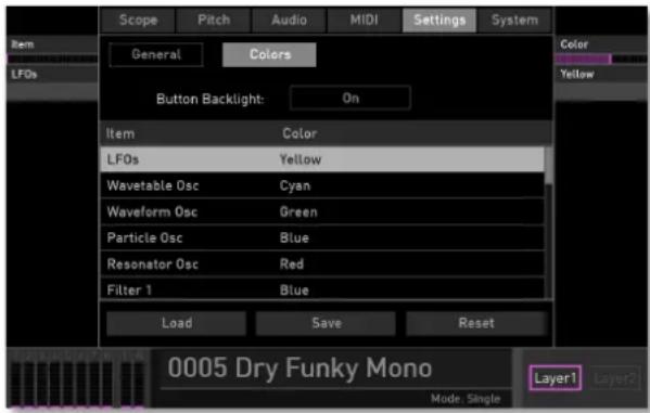 Scope Pitch Audio MIDI Settings System Item General Colors LFOs Button Backlight: On Color Yellow Item Color LFOs Yellow Wavetable Osc Cyan Waveform Osc Green Particle Osc Blue Resonator Osc Red Filter 1 Blue Load Save Reset 0005 Dry Funky Mono Layer1 Mode: Single Layer2