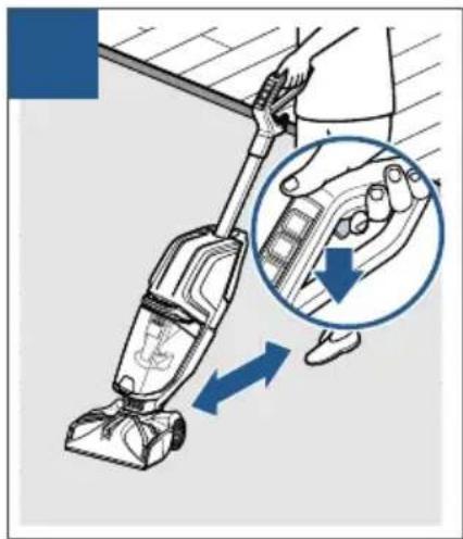 Illustration of a hand using a vacuum cleaner to lift a wall-mounted device, with a magnified inset showing the mechanism (no text or symbols present)
