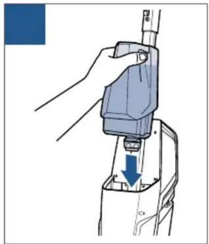Illustration of a hand using a handheld device to press or install a mechanical component, with a blue arrow indicating the process (no text or symbols present)