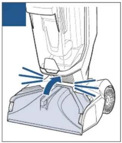 Illustration of a vacuum cleaner with blue spray lines indicating airflow or dust lanes (no text or symbols present)