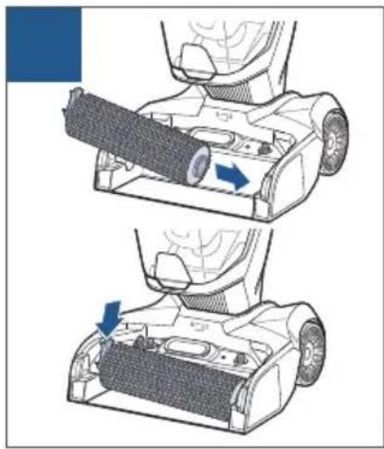 Two-step diagram showing a hairless vacuum cleaner's blade and base, with blue arrows indicating motion direction (no text or symbols)