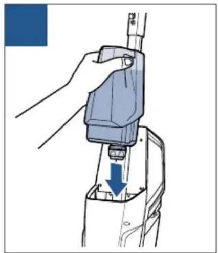 Illustration of a hand using a handheld device to press or install a component, with a blue arrow indicating the process (no text or symbols present)