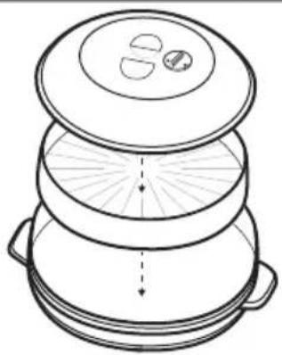 Line drawing of a multi-tiered cylindrical container with lid and side handles, no text or symbols present