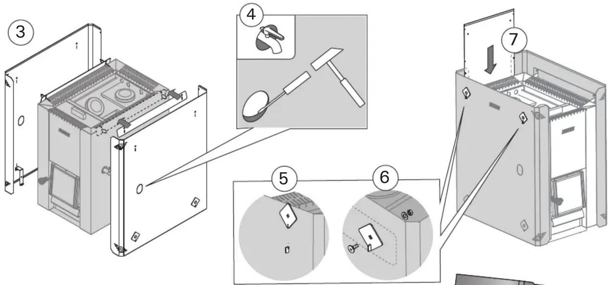 Technical diagram showing a 3D kitchen appliance with numbered parts and exploded view, including hand tools and component details.