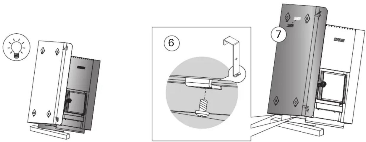 Technical diagram showing three views of a device with labeled parts: light bulb, internal panel, and exterior cabinet.