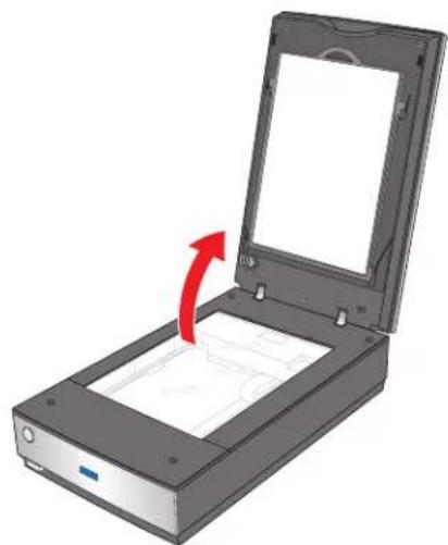 Illustration of an open scanner with a red arrow indicating compression or disassembly (no text or symbols present).
