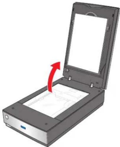 Illustration of a scanner with an open lid and a red arrow indicating the process (no text or symbols present).