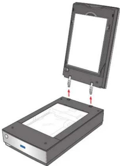 Diagram of a device with a rectangular frame and a base, showing internal components and red arrows indicating assembly or movement (no text or symbols present).