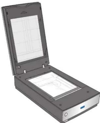 3D rendering of a handheld scanner device with open lid and internal grid screen (no text or symbols)