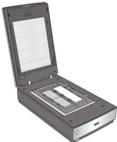 3D rendering of a handheld scanner with open lid and internal grid screen (no text or symbols)