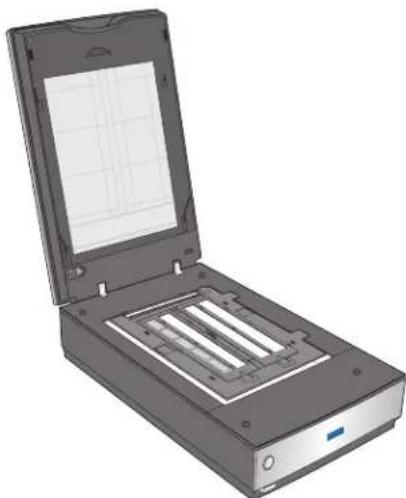 3D rendering of a handheld scanner with open lid and internal grid screen (no text or symbols).