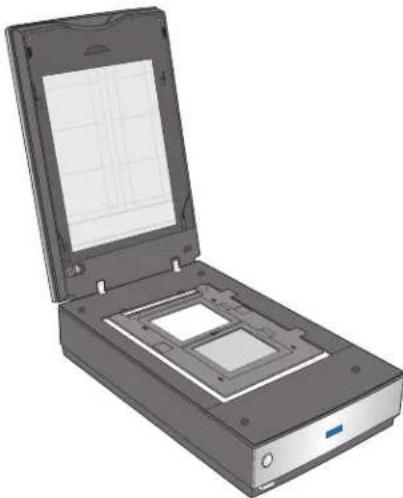 3D rendering of a handheld scanner with open lid and internal grid screen (no text or symbols)