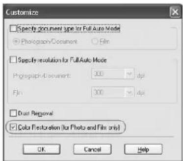 Customize □ Spectro document type for Full-Auto Mode ● Photograph/Document ○ Film □ Spectro resolution for Full-Auto Mode Photograph/Document: 300 dpi Film: 300 dpi □ Dust Removal ☑ Color Restoration (for Photo and Files only) OK Cancel Help