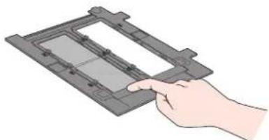Illustration of a hand inserting a rectangular device into a tray (no text or symbols)