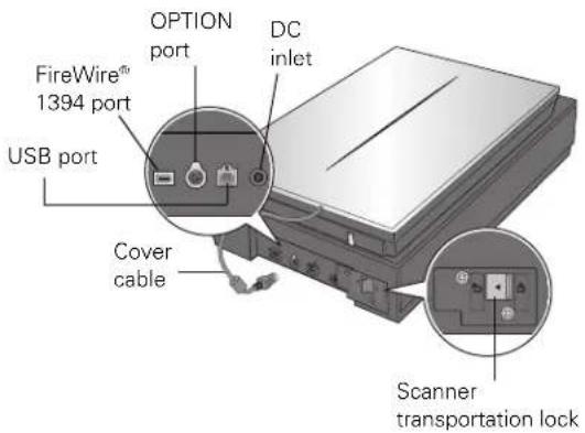 Option port, DC inlet, FireWire® 1394 port, USB port, cover cable, scanner transportation lock.