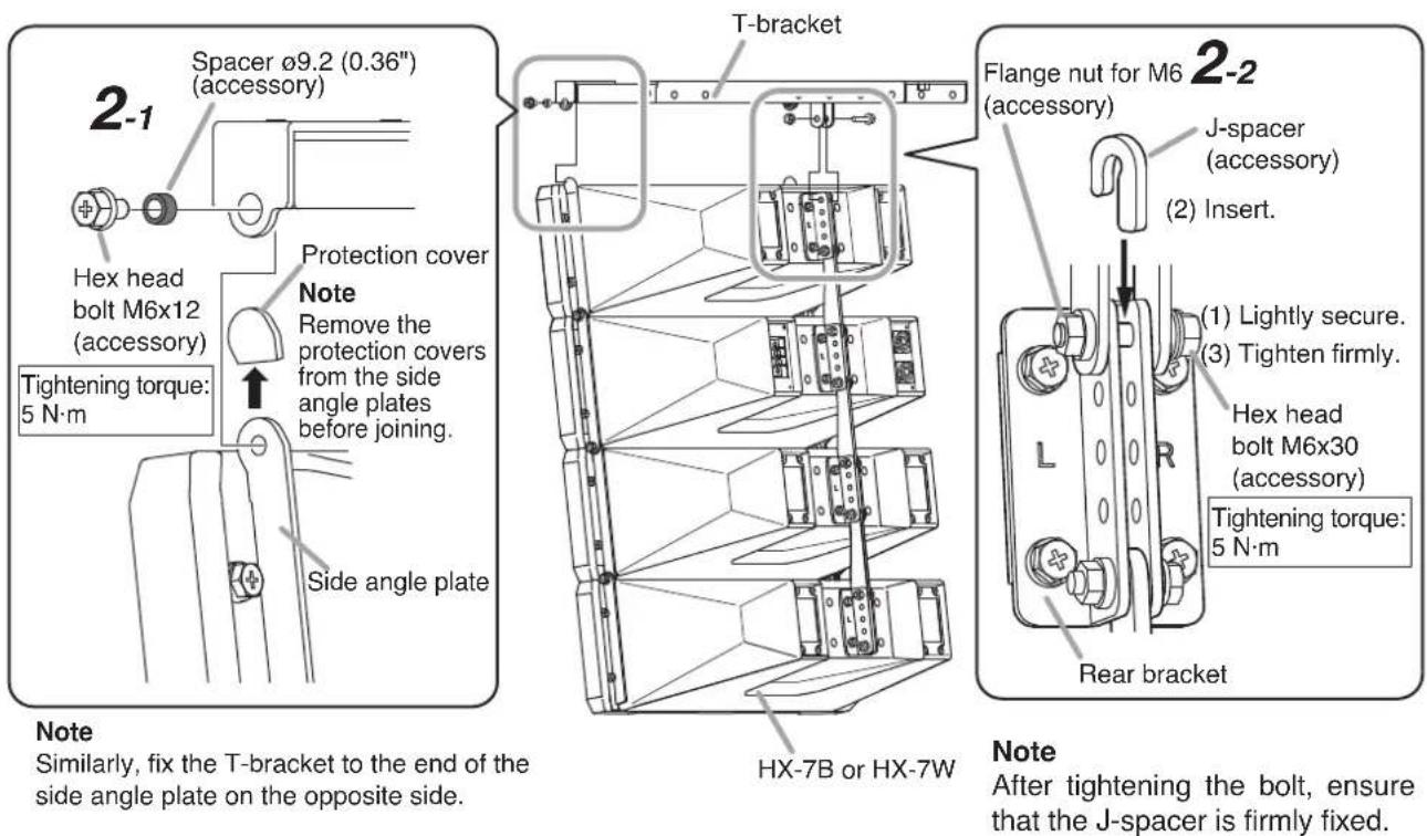 2-1 Spacer ø9.2 (0.36") (accessory) Hex head bolt M6x12 (accessory) Tightening torque: 5 N·m Side angle plate Note Not Similarly, fix the T-bracket to the end of the side angle plate on the opposite side. Protection cover Note Remove the protection covers from the side angle plates before joining. Side angle plate T-bracket Flange nut for M6 2-2 (accessory) J-spacer (accessory) (2) Insert. (1) Lightly secure. (3) Tighten firmly. Hex head bolt M6x30 (accessory) Tightening torque: 5 N·m Rear bracket HX-7B or HX-7W Note After tightening the bolt, ensure that the J-spacer is firmly fixed.