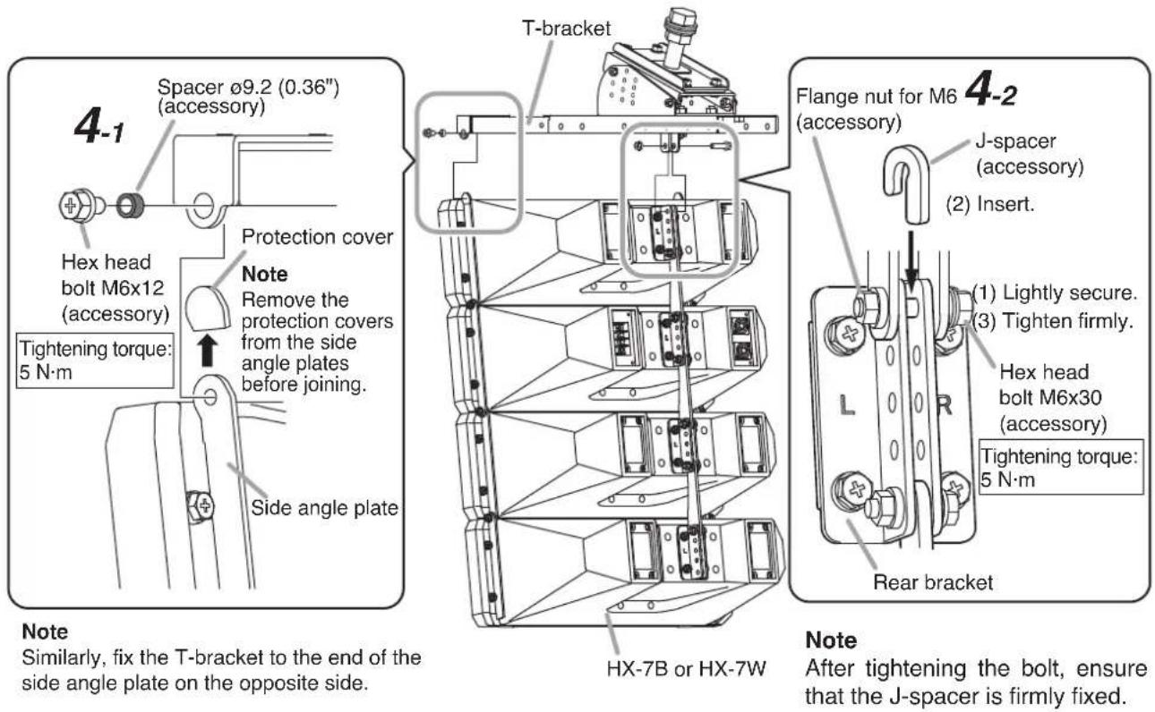 4-1 Spacer ø9.2 (0.36") (accessory) Hex head bolt M6x12 (accessory) Tightening torque: 5 N·m Side angle plate Note Similarly, fix the T-bracket to the end of the side angle plate on the opposite side. Protection cover Note Remove the protection covers from the side angle plates before joining. T-Bracket Flange nut for M6 4-2 (accessory) J-spacer (accessory) (2) Insert. (1) Lightly secure. (3) Tighten firmly. Hex head bolt M6x30 (accessory) Tightening torque: 5 N·m Rear bracket Note After tightening the bolt, ensure that the J-spacer is firmly fixed.