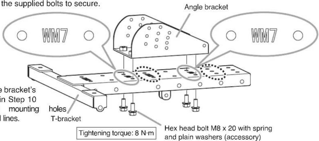 the supplied bolts to secure. Angle bracket WM7 WM7 be bracket's in Step 10 mounting lines. holes T-bracket Tightening torque: 8 N·m Hex head bolt M8 x 20 with spring and plain washers (accessory)