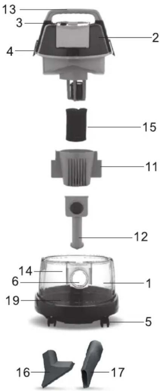 Exploded view diagram of a vacuum cleaner with numbered parts for identification