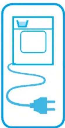 Icône de ligne simple d'une machine à laver connectée à une prise électrique, enfermée dans un cadre carré arrondi (pas de texte ni de symboles)