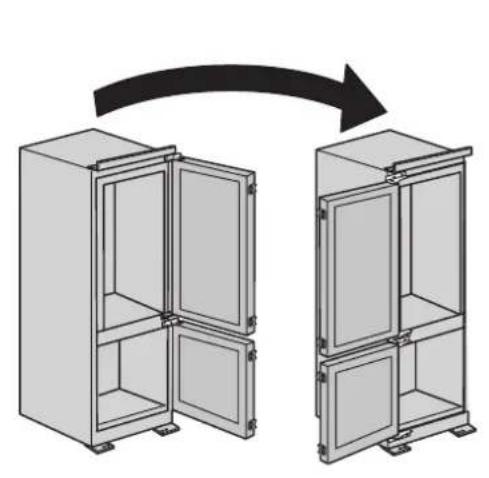 Diagram showing two identical storage cabinets, one open and one closed, connected by an arrow indicating rotation.