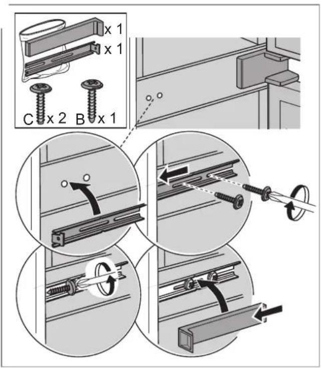Technical diagram illustrating screw assembly steps with labeled components and directional arrows indicating motion