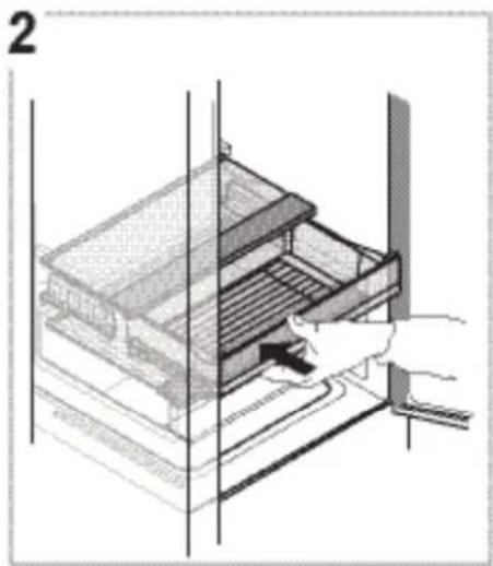 Illustration of a hand placing a drawer into a storage unit (no text or symbols visible).