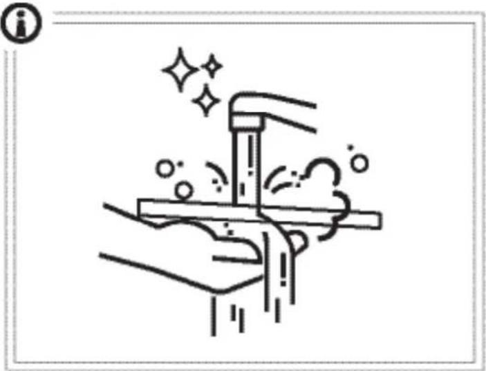 Illustration of hands using a tool to clean or wash a surface, with sparkles and bubbles indicating motion (no text or symbols).