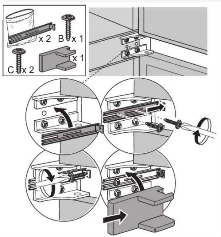 Technical diagram illustrating mechanical assembly steps with labeled components and directional arrows indicating motion or movement.