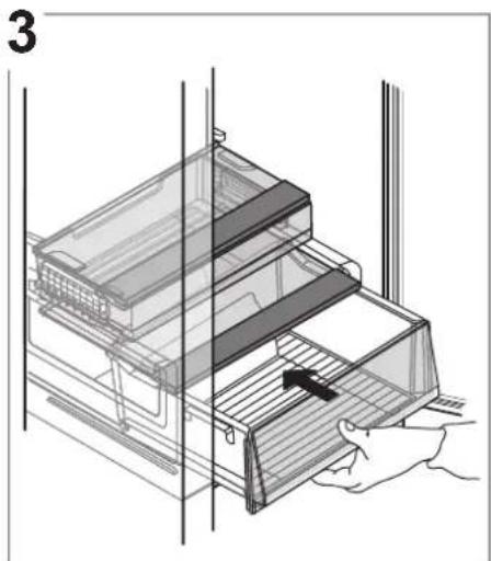 Technical line drawing of a multi-tiered storage unit with a hand placing it, no text or symbols present