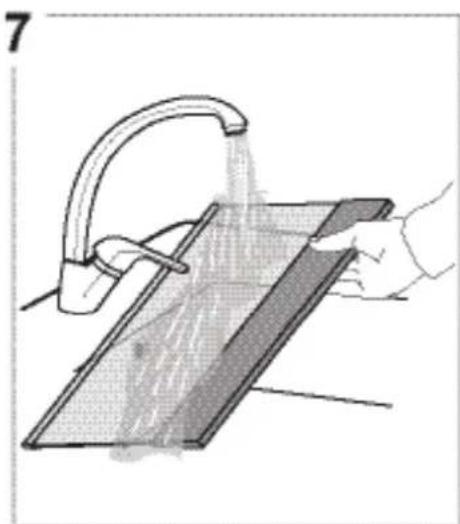 Illustration of a hand cleaning a surface with a faucet, showing water flowing from the drain (no text or symbols).