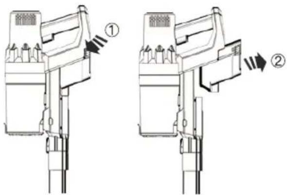 Technical diagram showing two mechanical device configurations with labeled parts and directional arrows indicating motion or assembly.