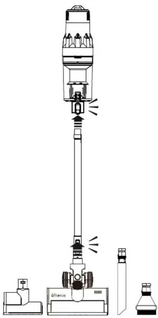 Technical line drawing of a vacuum cleaner with labeled components (no text or symbols)