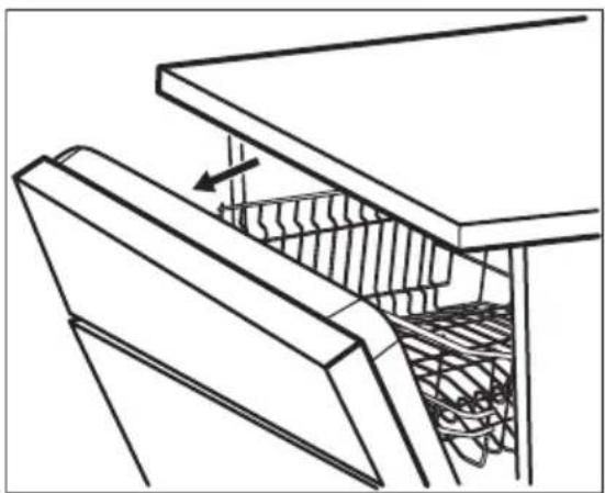 Technical line drawing of a mechanical assembly with layered components and a directional arrow (no text or symbols)
