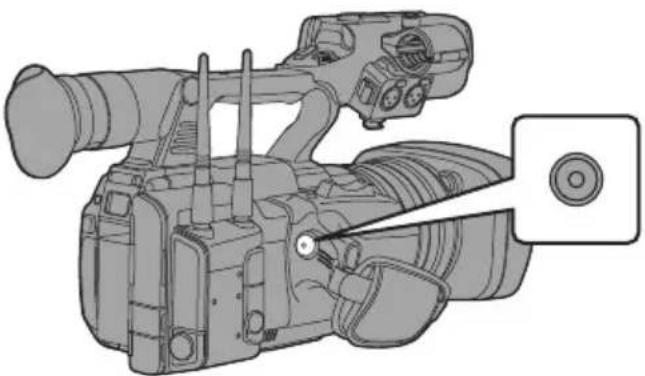 Technical line drawing of a video camera with attached sensor and button (no text or symbols)