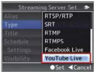 Streaming Server Set Alias Type Title Schedule Settings Visibility RTSP/RTP SRT RTMP RTMPS Facebook Live YouTube Live Set Cancel
