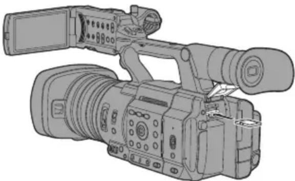 Line drawing of a professional video camera with extended lens and external frame (no text or symbols)