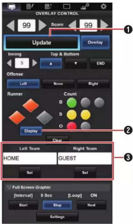 OVERLAY CONTROL 99 Score 99 Update Overlay Inning Top & Bottom END Offense Left None Right Runner Count B S O Display Clear Left Team Right Team HOME GUEST Set Set Full Screen Graphic [Interval] 5 Sec [Loop] ON Start Stop Next Settings